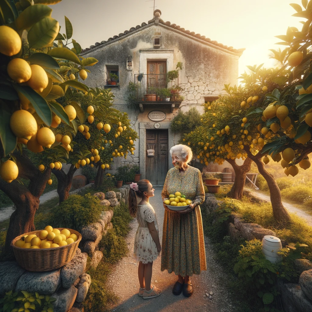 A serene scene of Nonna Rosa's quaint stone house in Calabria, Italy, with the adjacent lemon grove during sunset.